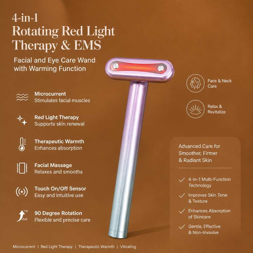 4-in-1 Rotating Red Light Therapy & EMS Facial and Eye Care Wand with Warming Function