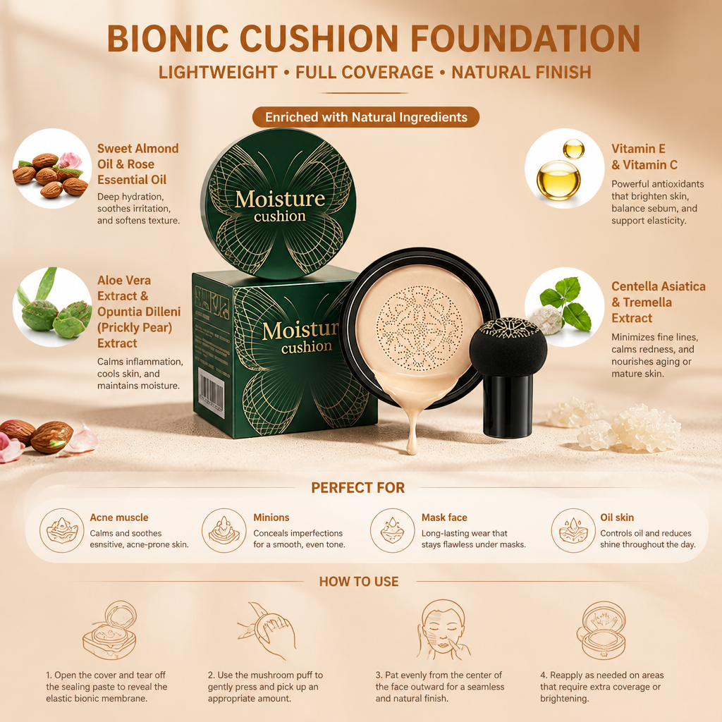 Bionic Cushion Foundation – Lightweight Full Coverage Natural Finish