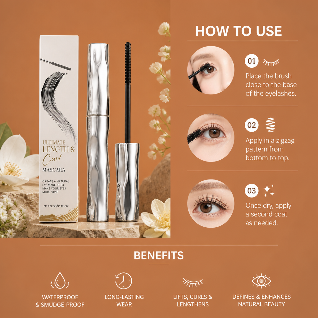 Waterproof Curl & Length Mascara – Long-Lasting Smudge-Proof Formula