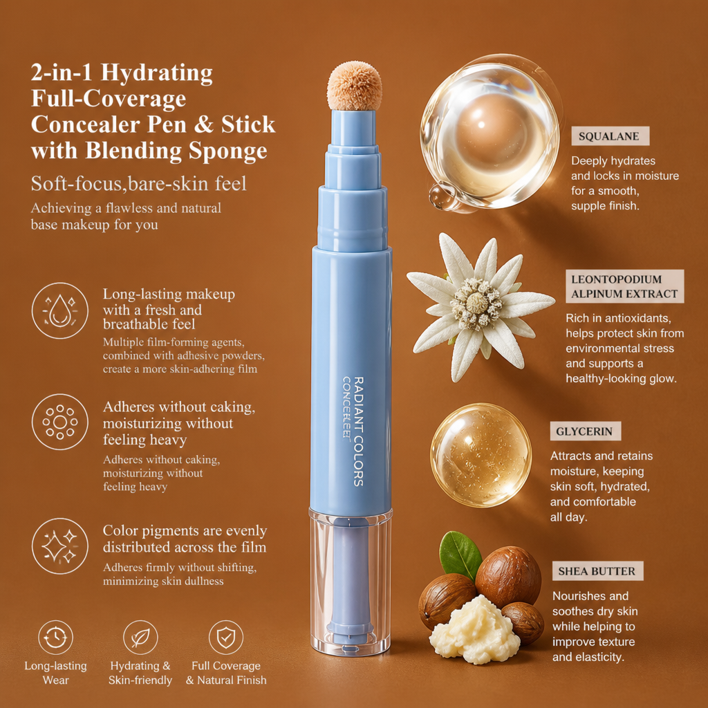 2-in-1 Hydrating Full-Coverage Concealer Pen & Stick with Blending Sponge