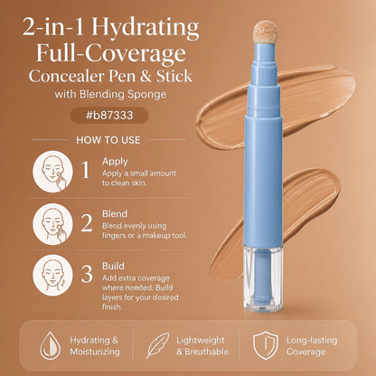 2-in-1 Hydrating Full-Coverage Concealer Pen & Stick with Blending Sponge