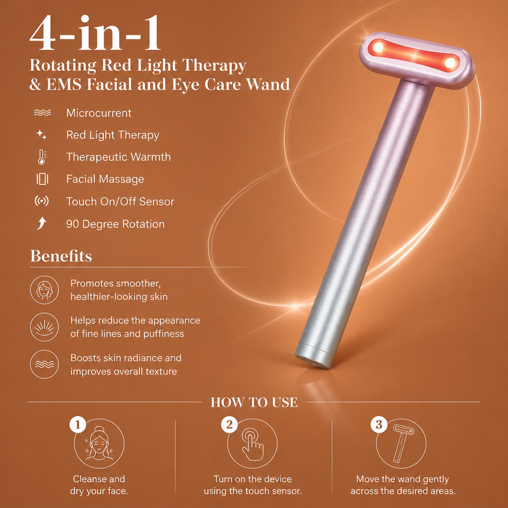 4-in-1 Rotating Red Light Therapy & EMS Facial and Eye Care Wand with Warming Function