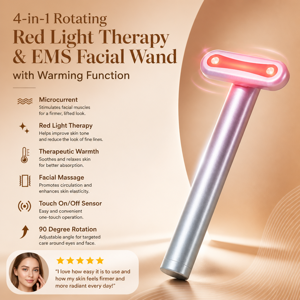 4-in-1 Rotating Red Light Therapy & EMS Facial and Eye Care Wand with Warming Function