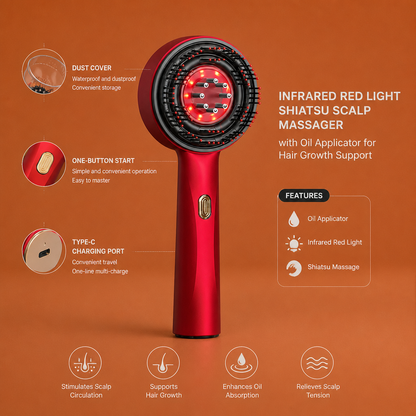Infrared Red Light Shiatsu Scalp Massager with Oil Applicator for Hair Growth Support