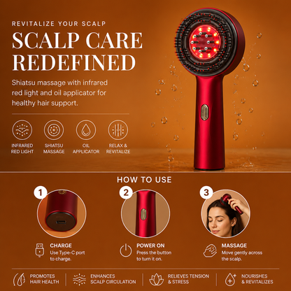 Infrared Red Light Shiatsu Scalp Massager with Oil Applicator for Hair Growth Support