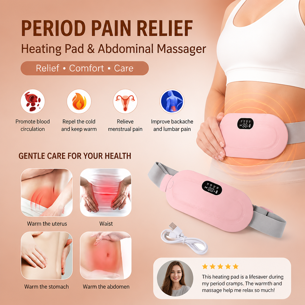 Period Pain Relief Heating Pad & Abdominal Massager with Heat & Vibration for Period Cramps