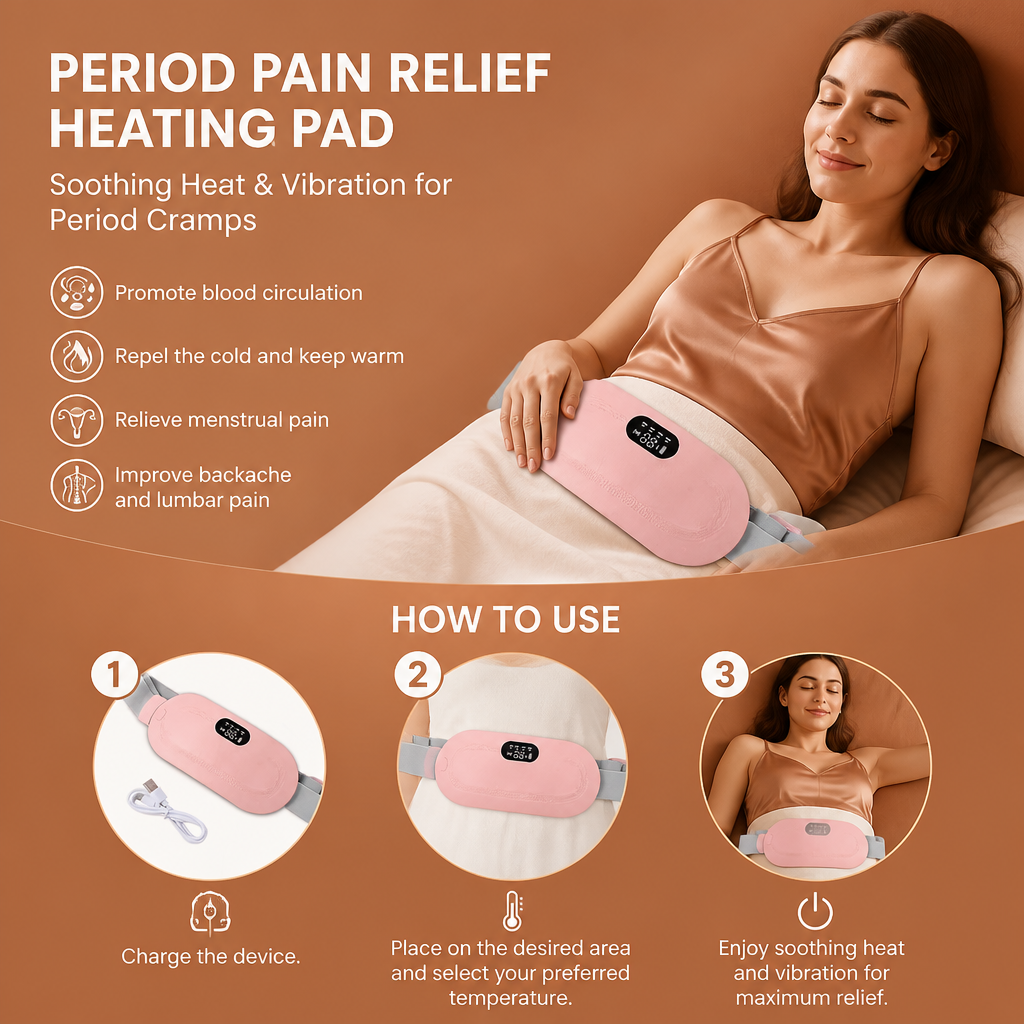 Period Pain Relief Heating Pad & Abdominal Massager with Heat & Vibration for Period Cramps