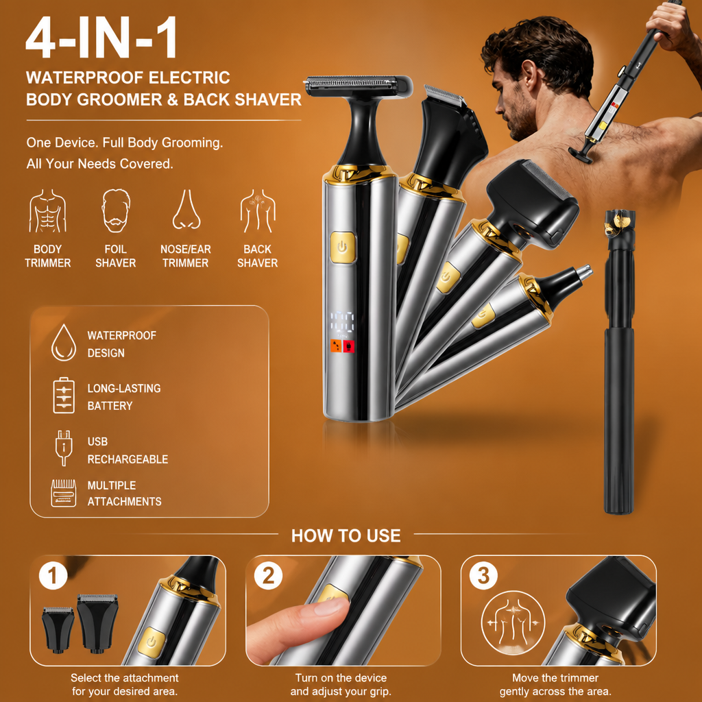 4-in-1 Waterproof Electric Body Groomer & Back Shaver for Men with Long Handle