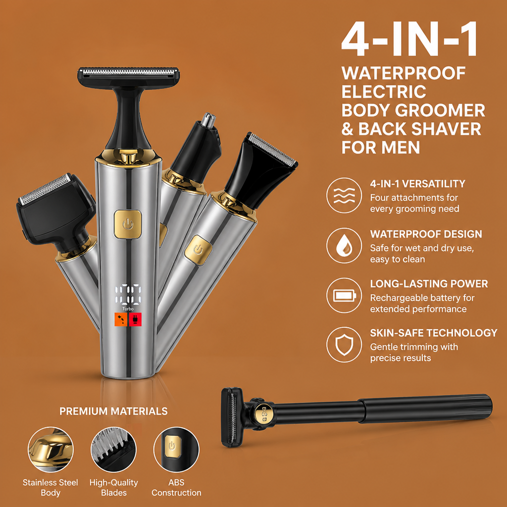 4-in-1 Waterproof Electric Body Groomer & Back Shaver for Men with Long Handle