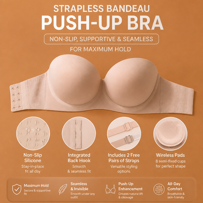 Strapless Bandeau Push-Up Bra – Non-Slip, Supportive & Seamless for Maximum Hold