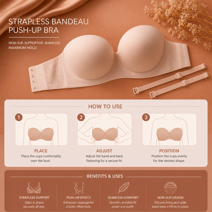 Strapless Bandeau Push-Up Bra – Non-Slip, Supportive & Seamless for Maximum Hold