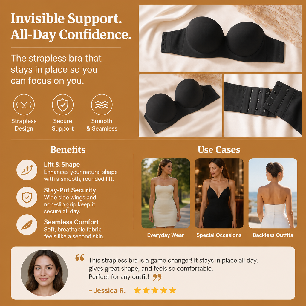 Strapless Bandeau Push-Up Bra – Non-Slip, Supportive & Seamless for Maximum Hold