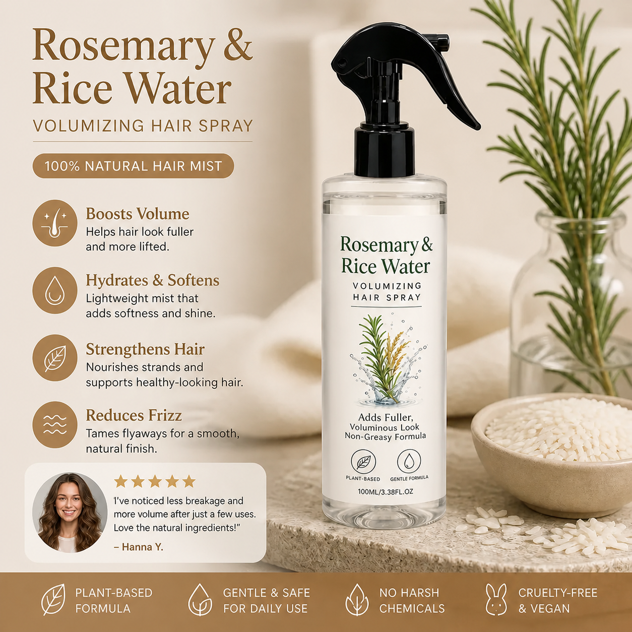 Rosemary & Rice Water Hair Spray – 100% Natural Hair Mist for Soft, Smooth & Healthy-Looking Hair
