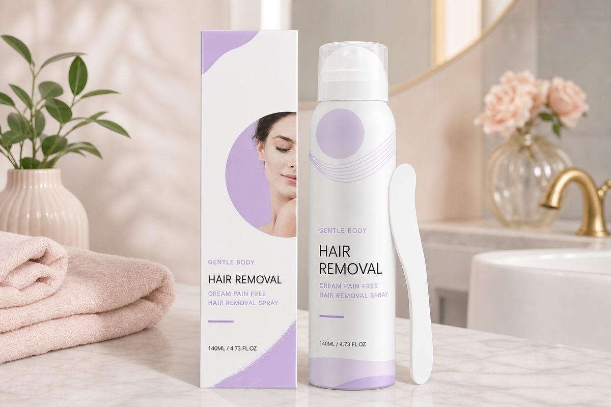 Pain-Free Man Hair Removal Cream product box, spray bottle and application spatula