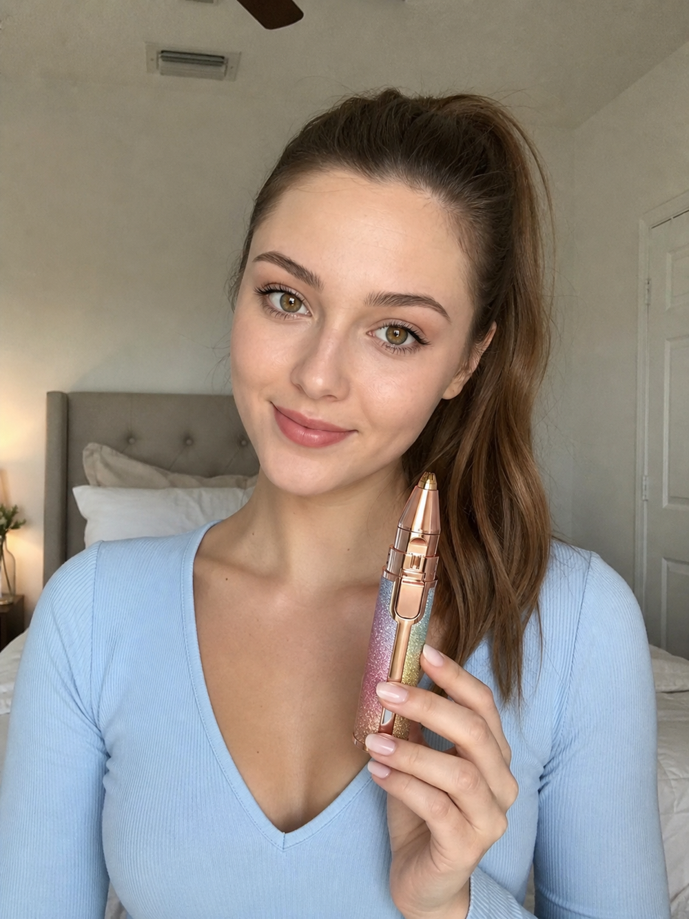 Customer with compact 4-in-1 Makeup Pen ready for use
