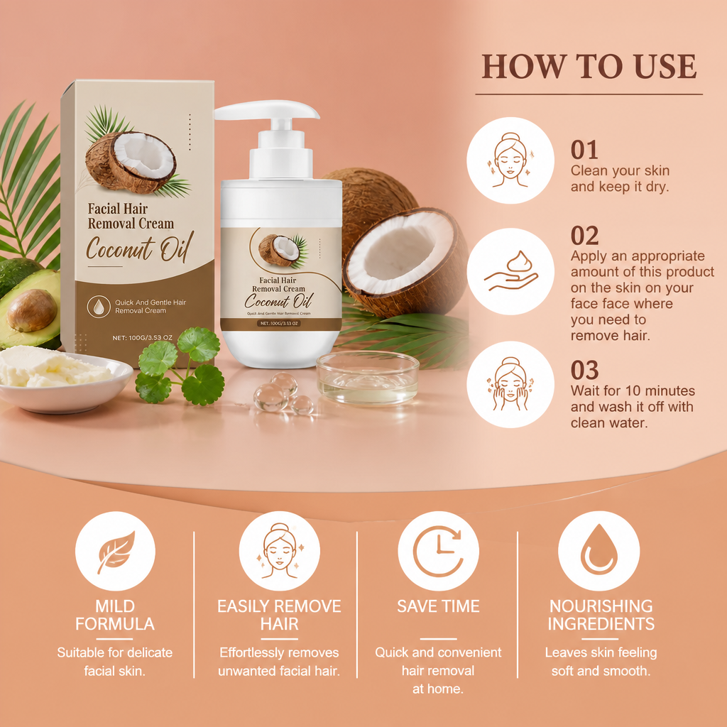 Coconut Oil Facial Hair Removal Cream for Smooth Soft Skin Care