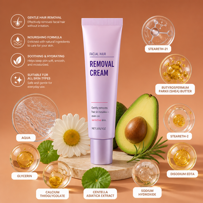 Gentle Facial Hair Removal Cream with Nourishing Skin Care Formula