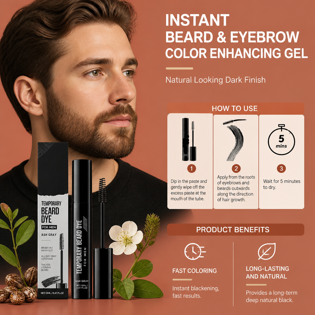 Instant Beard & Eyebrow Color Enhancing Gel – Natural Looking Dark Finish