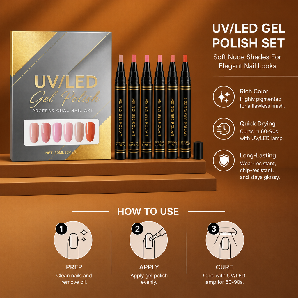 UV/LED Gel Nail Polish Set – Soft Nude Shades For Elegant Nail Looks