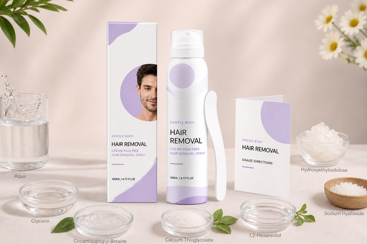 Pain-Free Man Hair Removal Cream set with product packaging and spatula