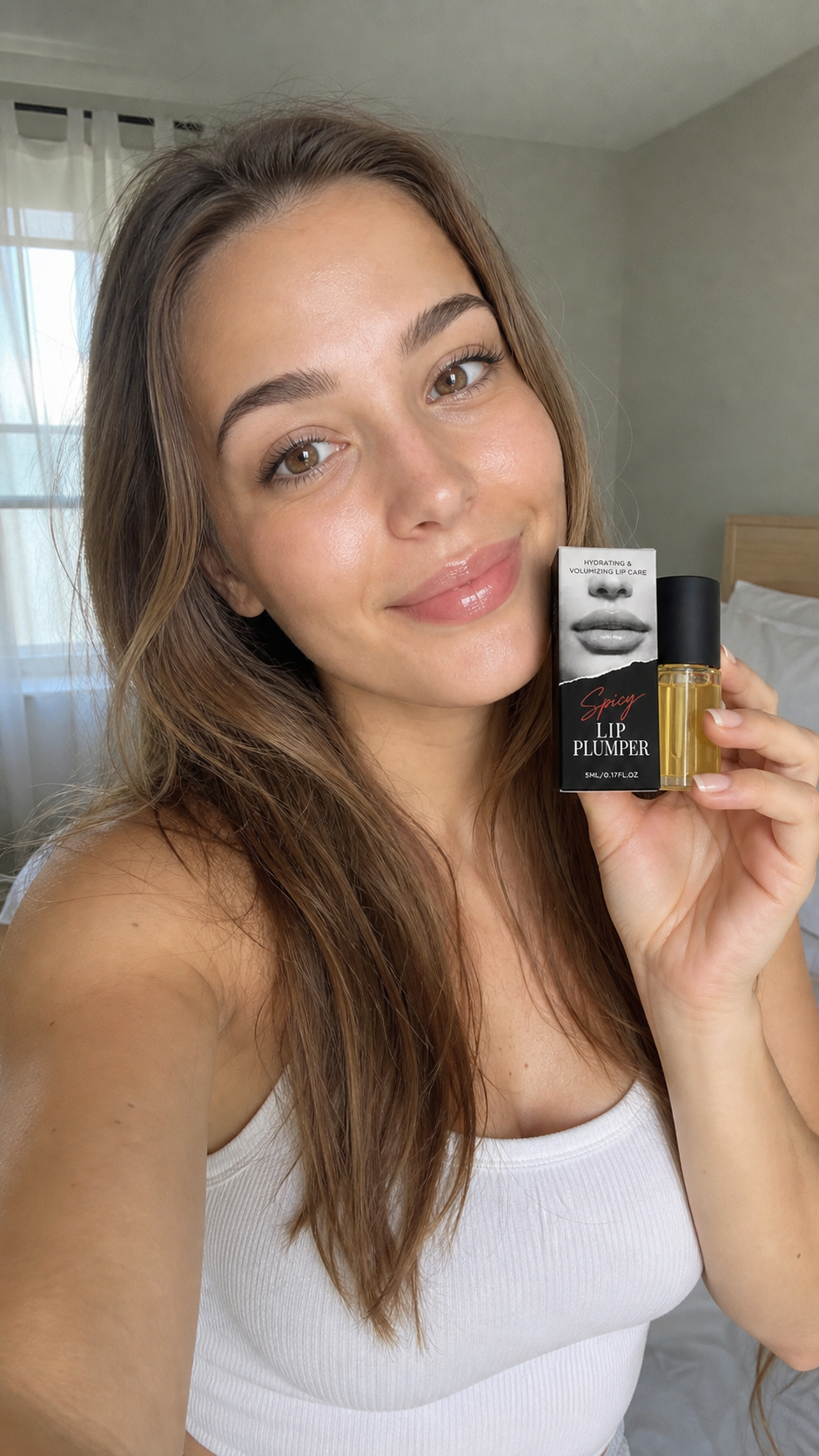 Customer wearing Korean Spicy Lip Plumper Gloss with fuller-looking, glossy lips