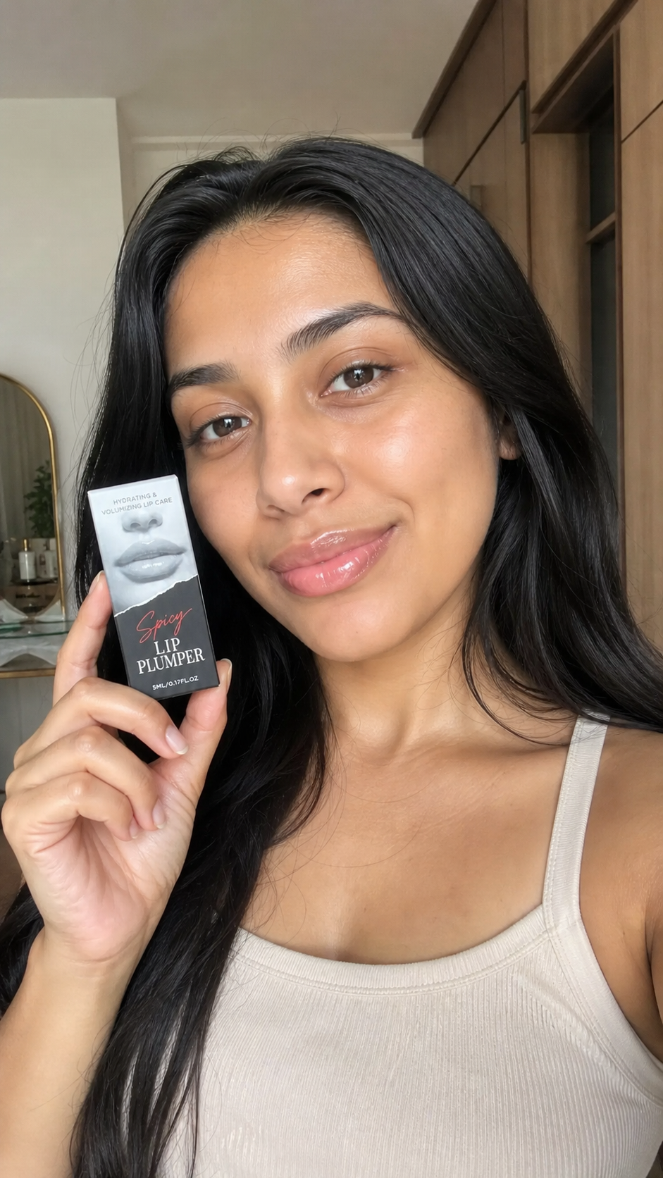 Customer enjoying the signature spicy tingle of Korean Spicy Lip Plumper Gloss