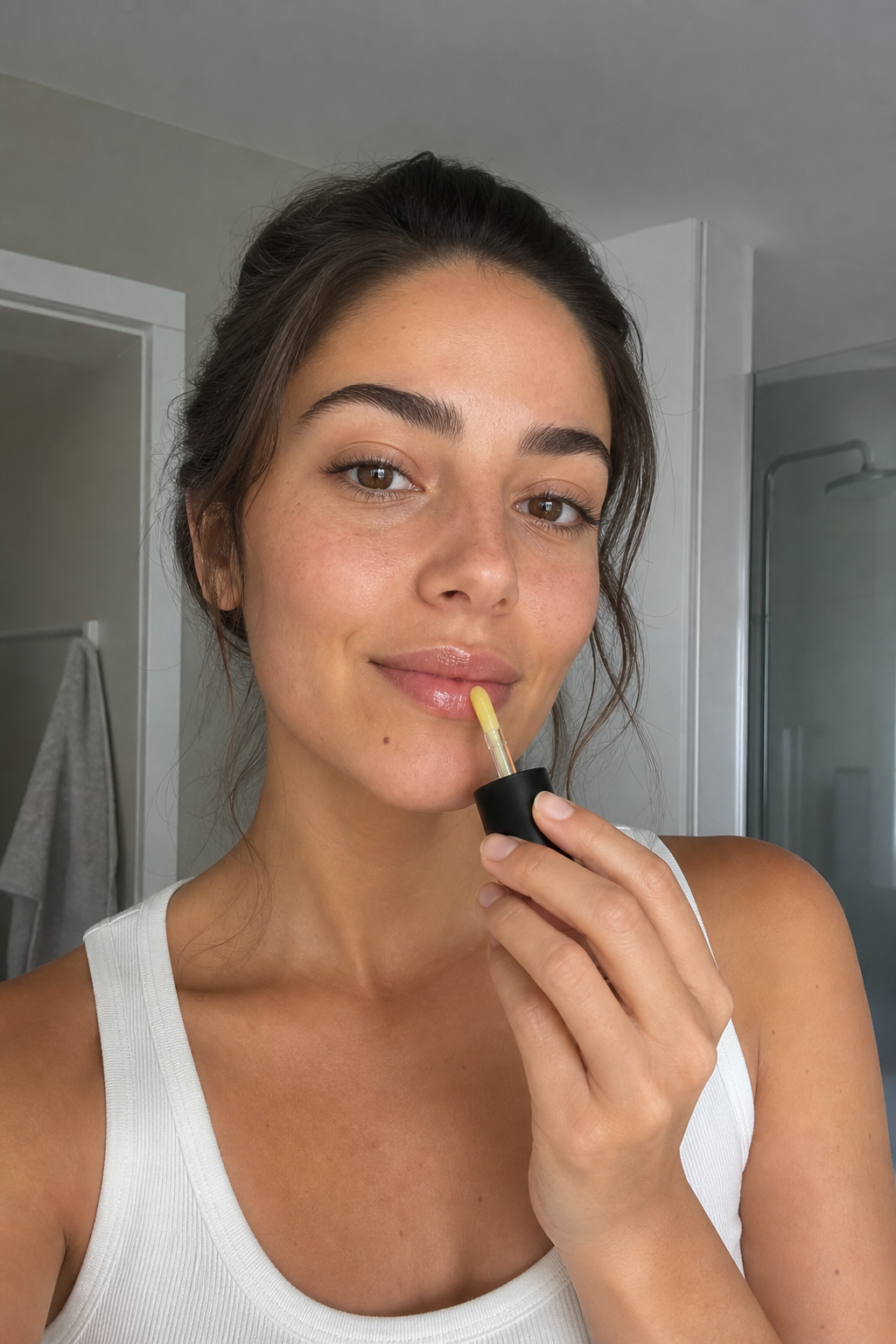 Customer enjoying a Korean Spicy Lip Plumper Gloss self-care ritual