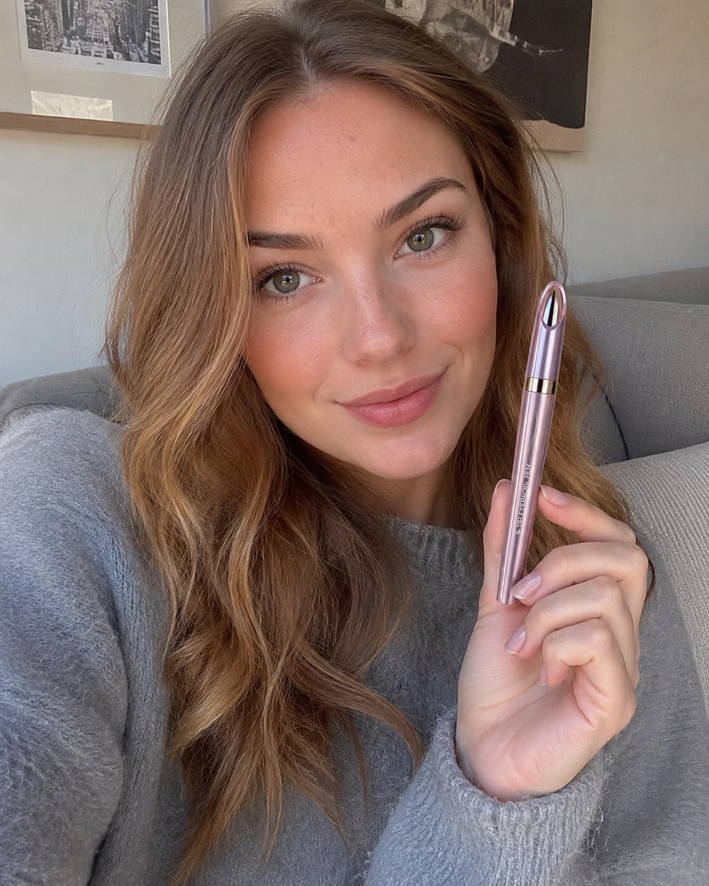 Customer holding the 3D Natural-Looking Brow Pen indoors