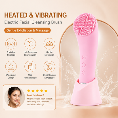 Heated & Vibrating Electric Facial Cleansing Brush with Gentle Exfoliation & Massage