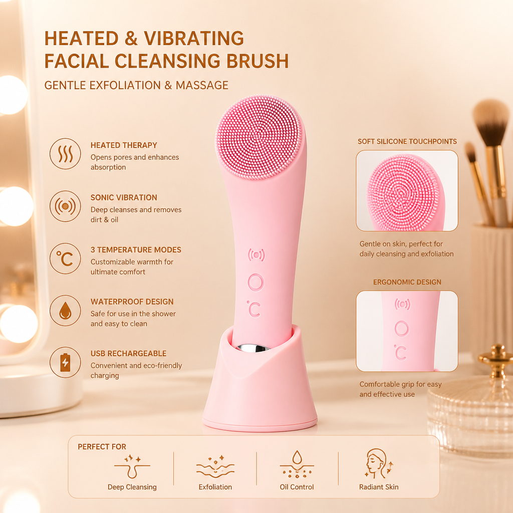 Heated & Vibrating Electric Facial Cleansing Brush with Gentle Exfoliation & Massage