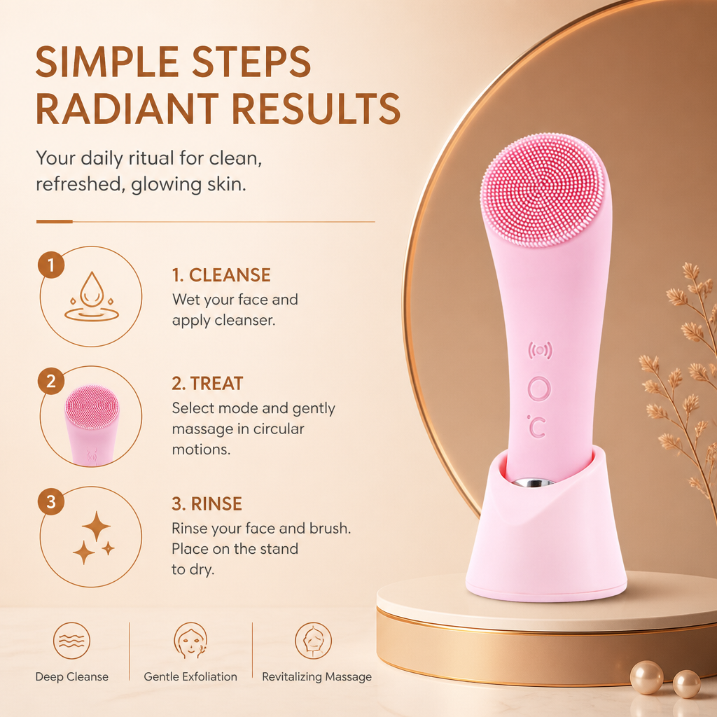 Heated & Vibrating Electric Facial Cleansing Brush with Gentle Exfoliation & Massage
