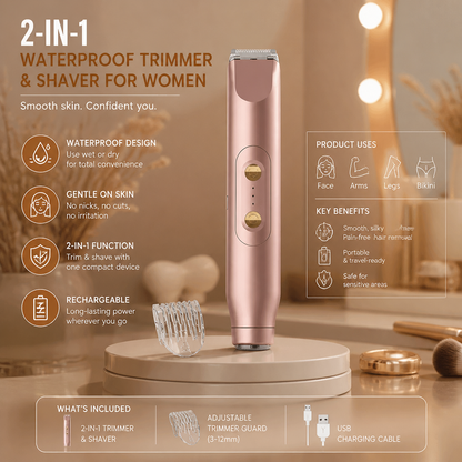 2-in-1 Waterproof Electric Face & Body Trimmer & Shaver for Women