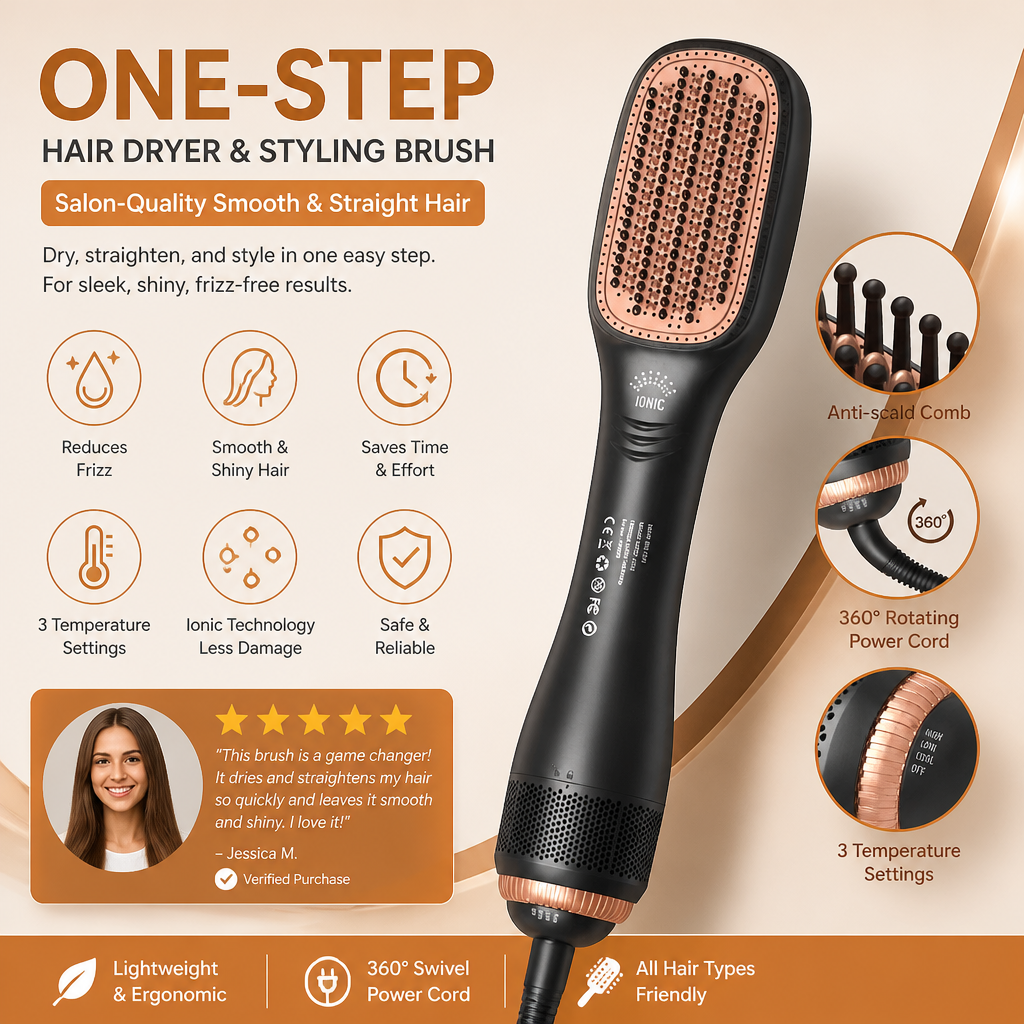 One-Step Hair Dryer & Styling Brush for Salon-Quality Smooth & Straight Hair