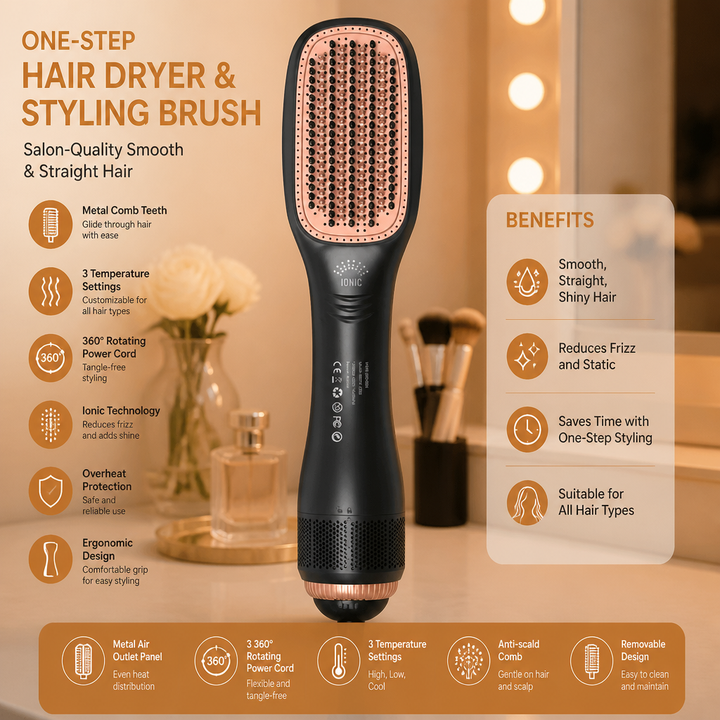 One-Step Hair Dryer & Styling Brush for Salon-Quality Smooth & Straight Hair