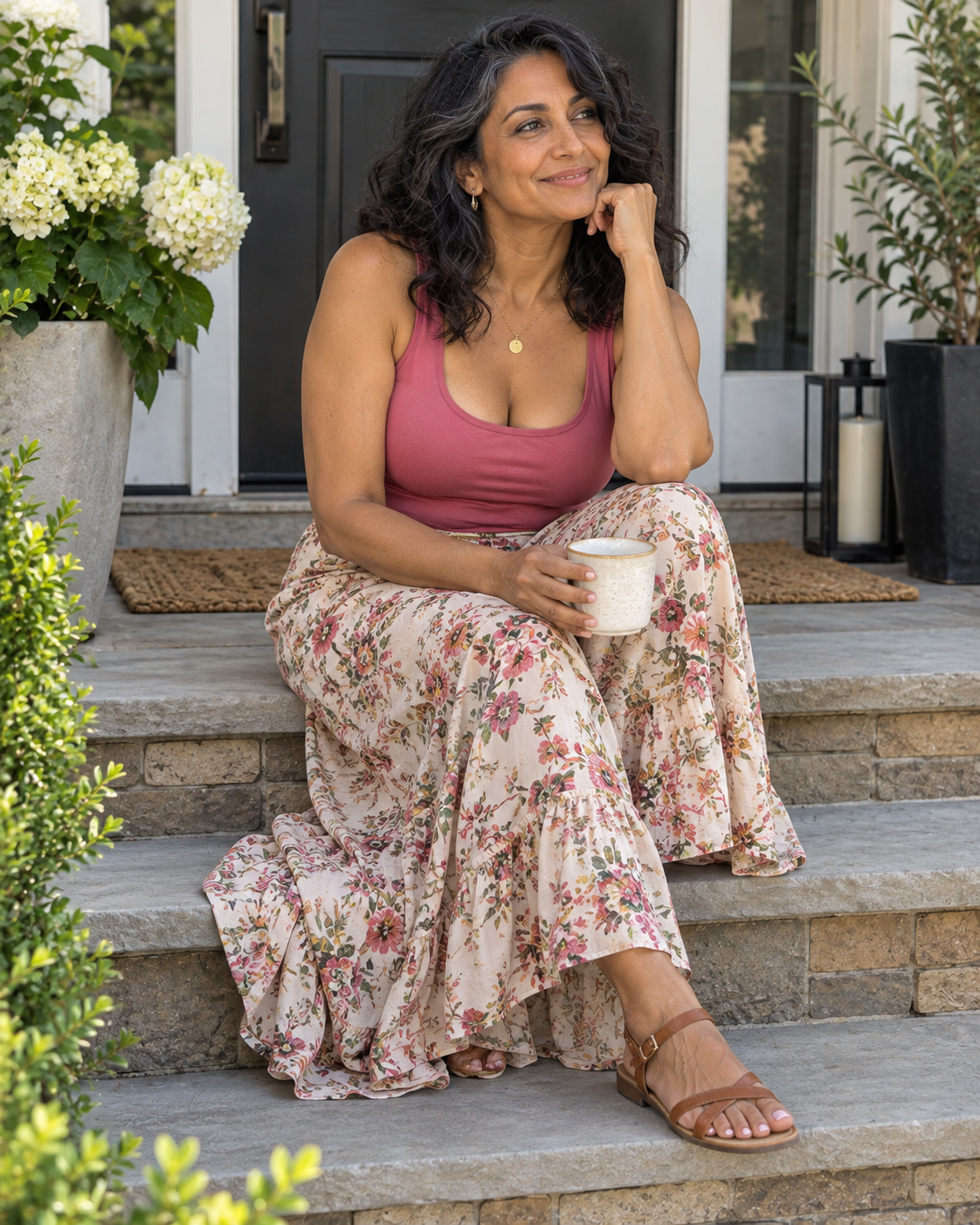 Woman wearing the Built-In Bra Comfort Shaper Tank in Rose Red
