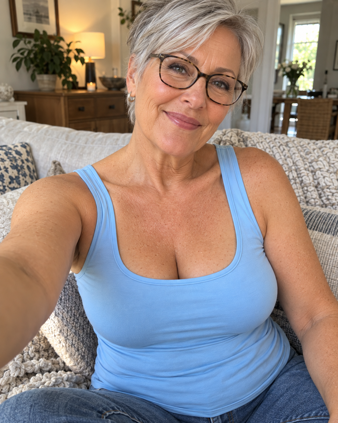Woman wearing the Built-In Bra Comfort Shaper Tank in Sky Blue