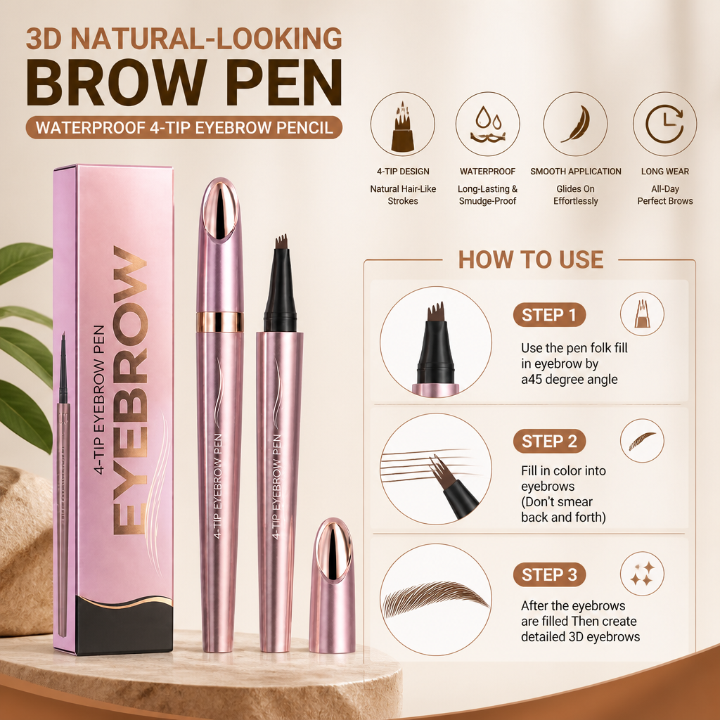3D Natural-Looking Brow Pen – Waterproof 4-Tip Eyebrow Pencil