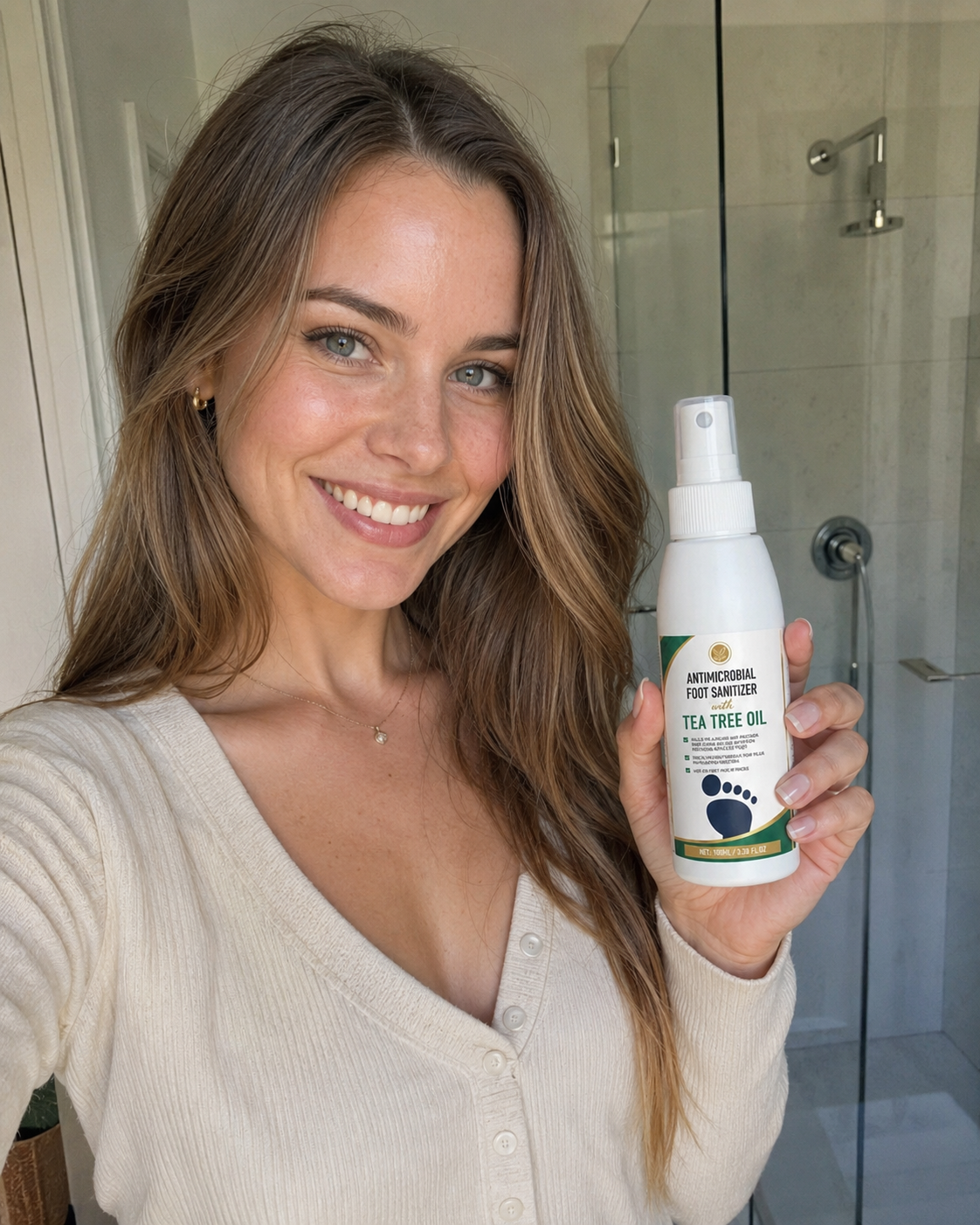 Woman applying foot sanitiser spray after her morning shower